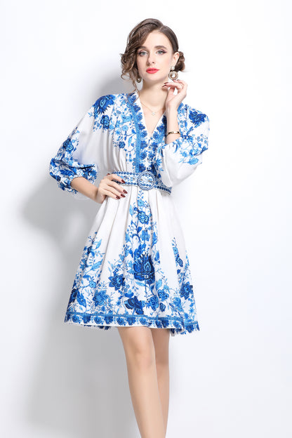 V-Neck Floral Print Lantern Sleeve Mini Dress