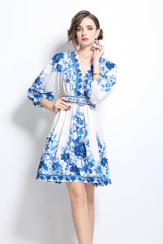 Women's V-Neck Floral Print Lantern Sleeve Mini Dress