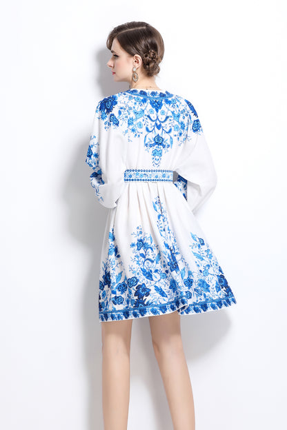 Women's V-Neck Floral Print Lantern Sleeve Mini Dress