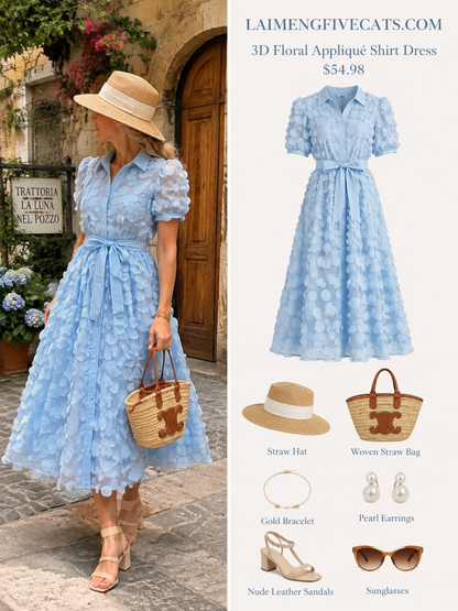 Blue 3D Floral Midi Dress - LAI MENG FIVE CATS