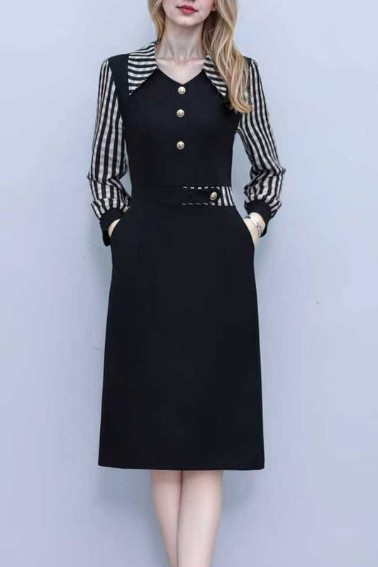 Women's V-Neck with Pockets Long Sleeve Black Dress