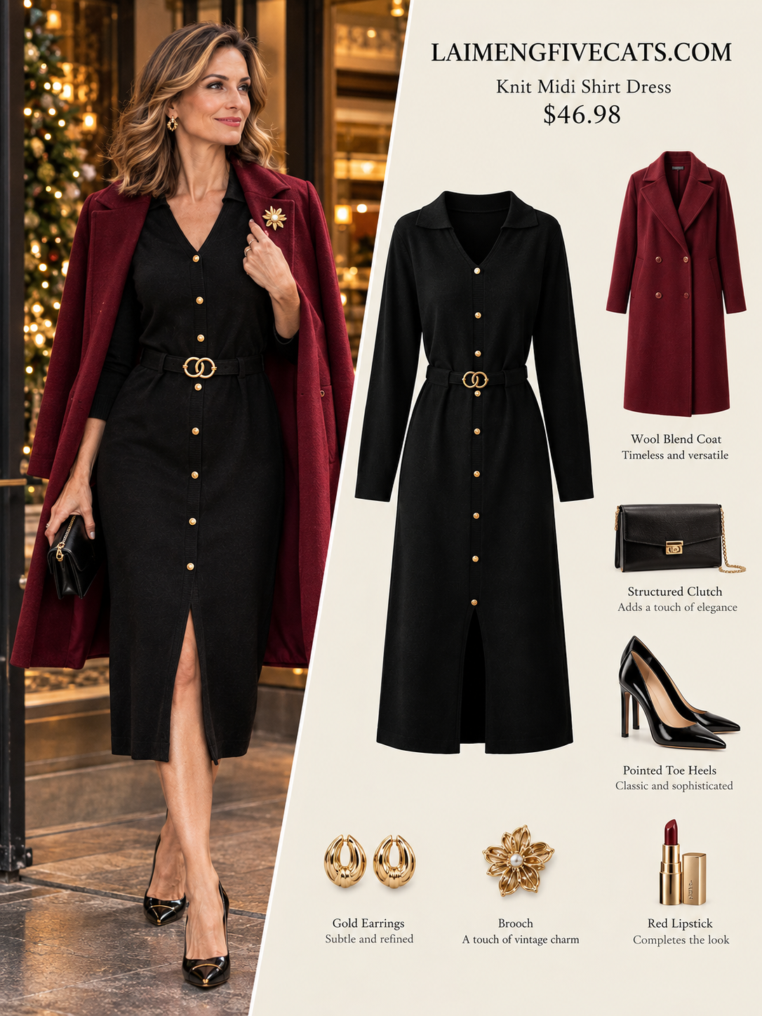 27639-Elegant Lapel V-Neck Knit Midi Dress: Button Decoration & Belted Waist