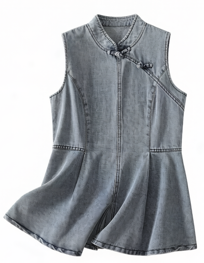 Mandarin Collar Denim Peplum Top