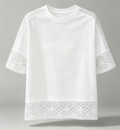 Lace Trim Cotton Blend Top | Relaxed Fit Everyday White Blouse