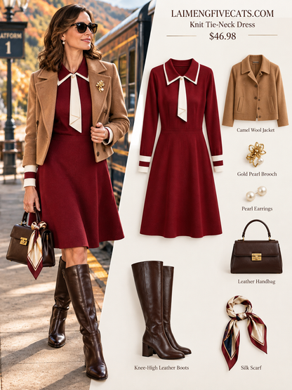 27795 Tie-Neck Knit Dress – Elegant Fall Dress for Women