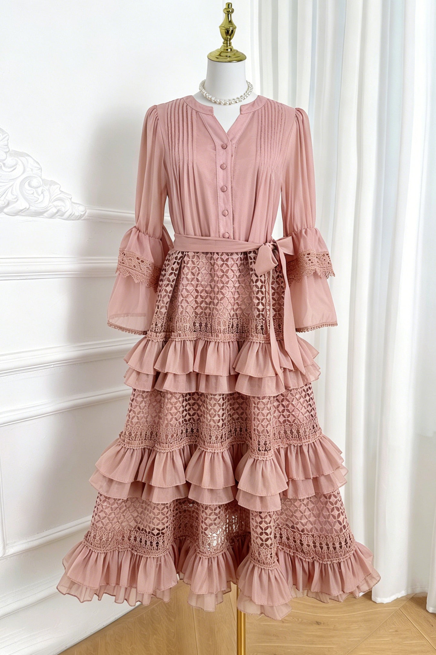 Bell Sleeves  Buttons Ruffle Layered Hem Hollow Princess Dress with Belt - LAI MENG FIVE CATS