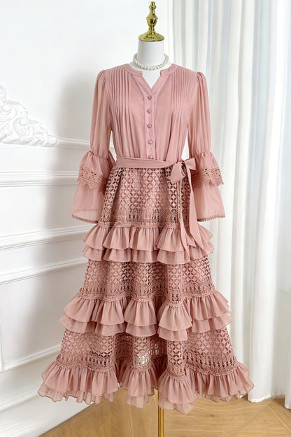 Bell Sleeves  Buttons Ruffle Layered Hem Hollow Princess Dress with Belt - LAI MENG FIVE CATS