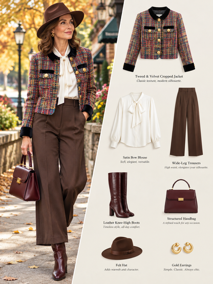 28689-Tweed & Velvet Cropped Jacket | LAI MENG FIVE CATS - LAI MENG FIVE CATS