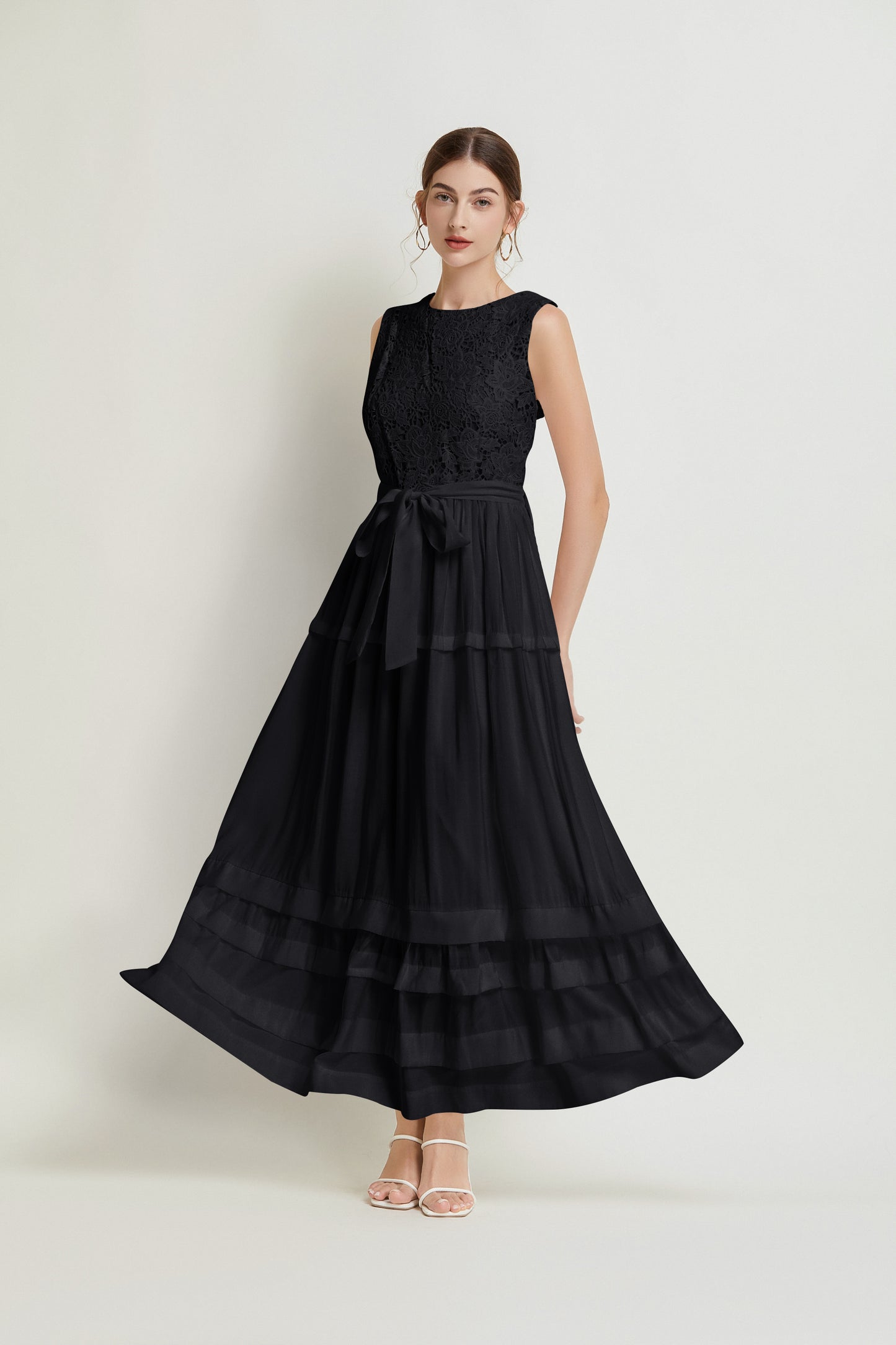 Sleeveless Belted Layered Lace Maxi Dress