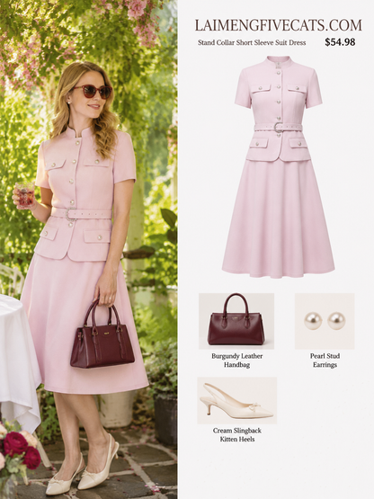Chic 2-Piece Outfit: EShort-Sleeve Mandarin Collar Jacket & A-Line Skirt