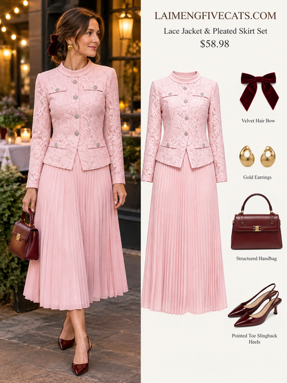 Lace Jacket & Pleated Midi Skirt Set | 3 Colors