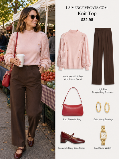 Soft Mock Neck Puff Sleeve Knit Top | Pink & Sage Green