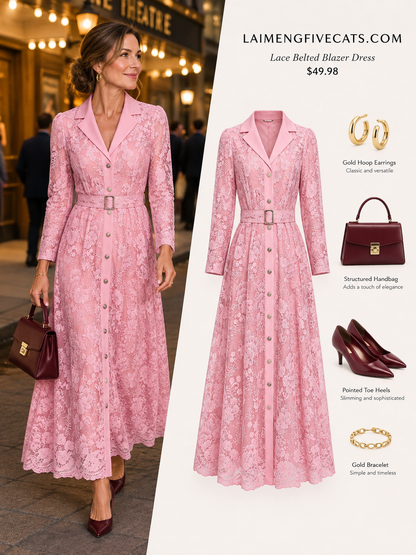 28680-Lace Belted Blazer Dress – Pink & Forest Green | Long Sleeve A-Line Dress