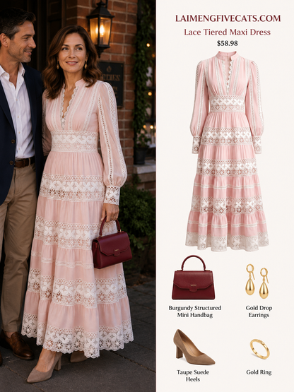 Blush Pink Lace Tiered Maxi Dress – Elegant Early Fall Occasion Dress