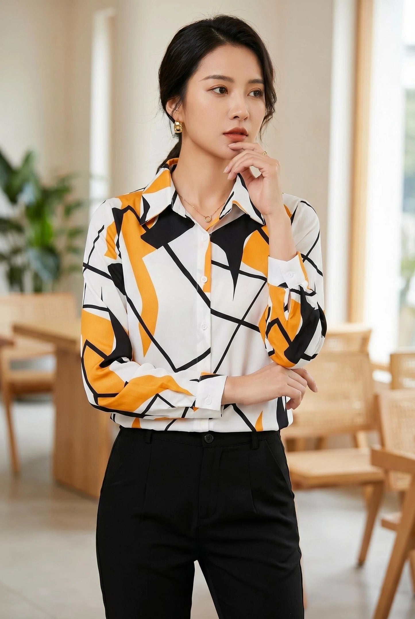 ESY-Women's Long Sleeve Lapel Collar Print Button Blouse - LAI MENG FIVE CATS