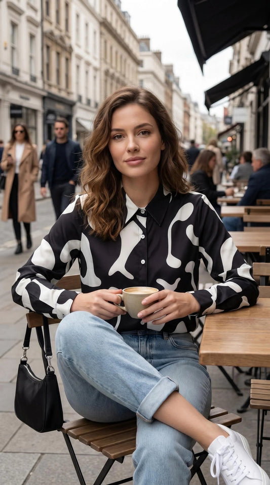 ESY-Women's Long Sleeve Lapel Collar Print Button Blouse - LAI MENG FIVE CATS