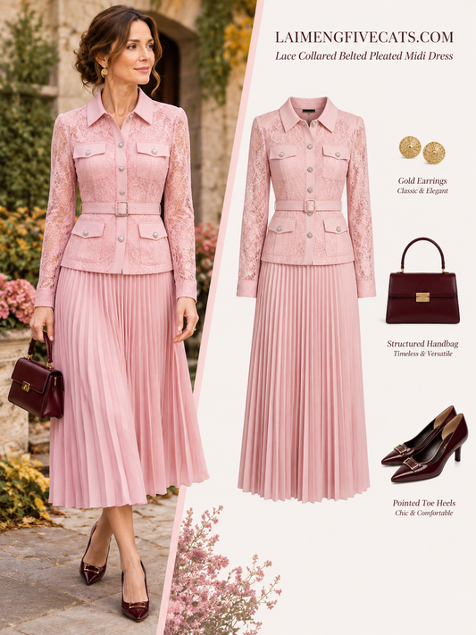 28729 Elegant Lace Pleated Midi Dress with Belt – 4 Colors