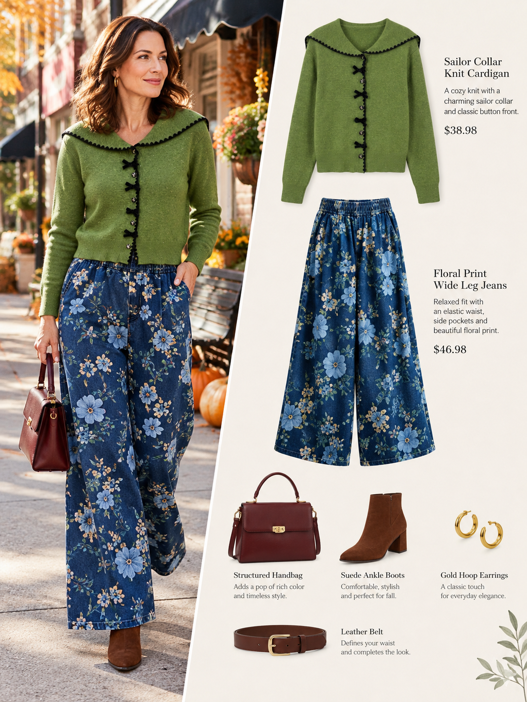 26804 Blue Floral Print Wide-Leg Jeans with Elastic Waist