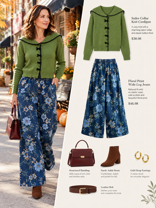 26804 Blue Floral Print Wide-Leg Jeans with Elastic Waist