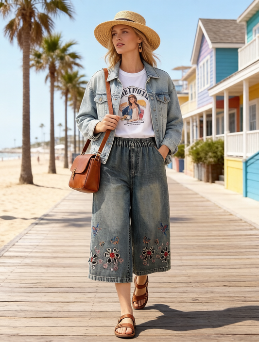 Women’s Embroidered Wide-Leg Cropped Elastic Waist Casual Summer Jeans