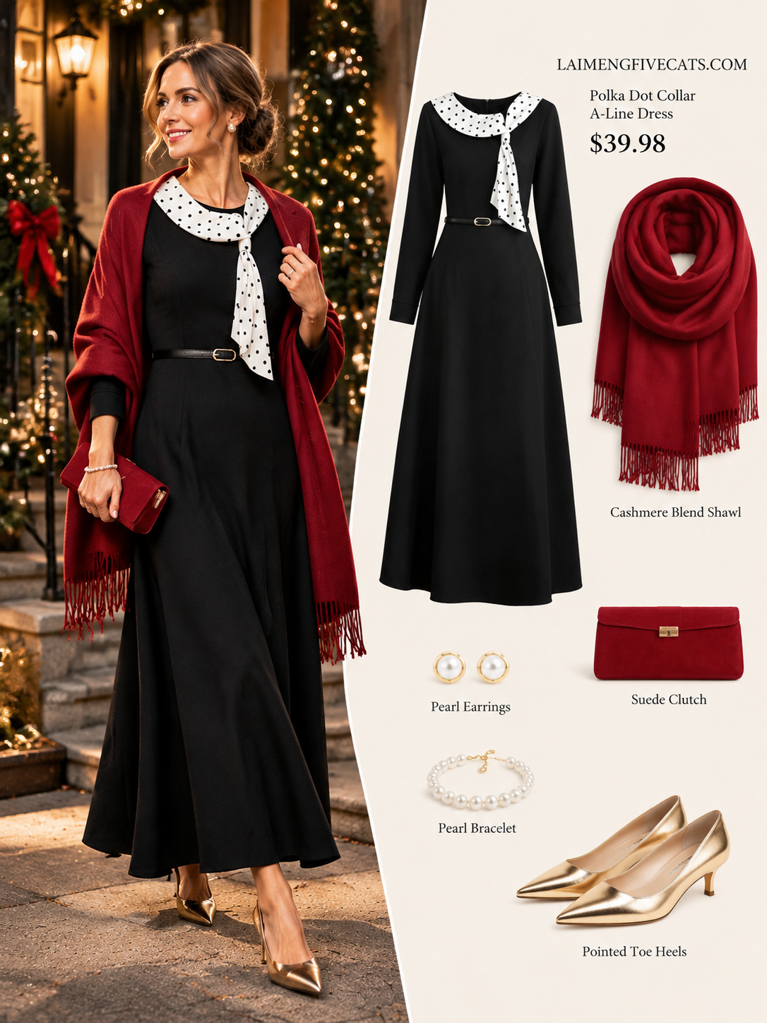 28696 Polka Dot Collar Black Maxi Dress – Elegant Holiday & Dinner Style