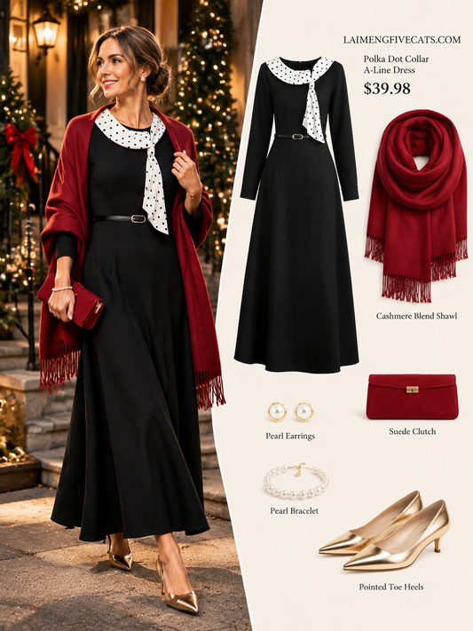 28696 Polka Dot Collar Black Maxi Dress – Elegant Holiday & Dinner Style