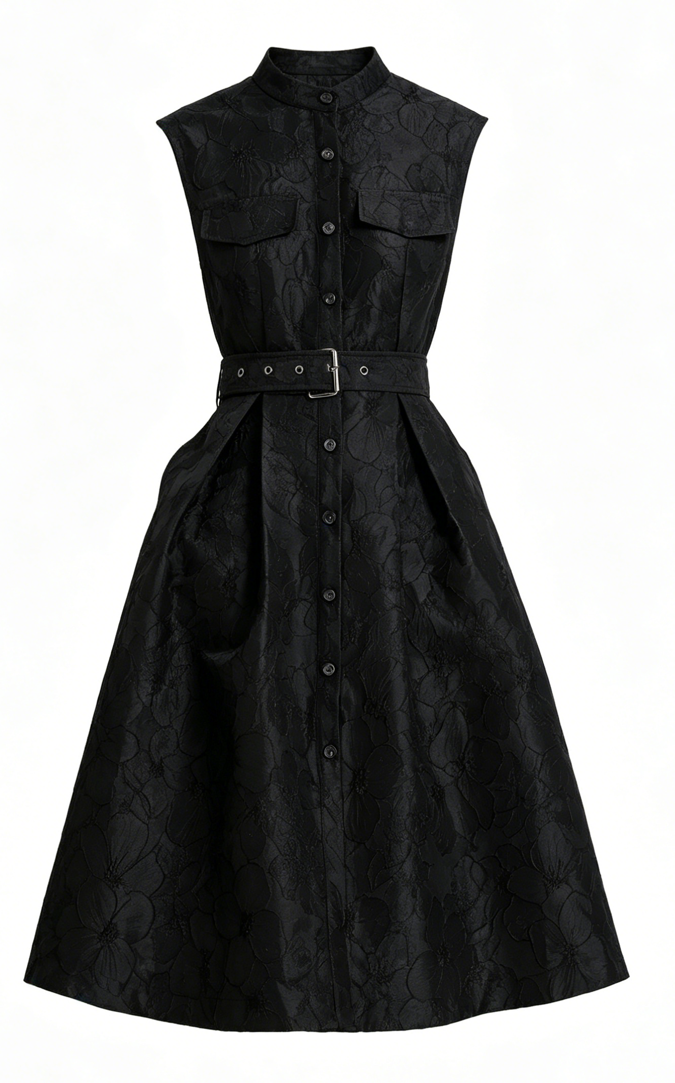 Black Jacquard Button Up Midi Dress With Belts - LAI MENG FIVE CATS