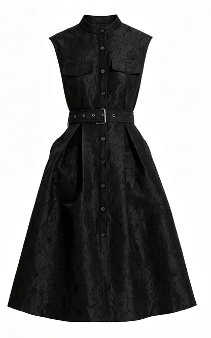 Black Jacquard Button Up Midi Dress With Belts - LAI MENG FIVE CATS