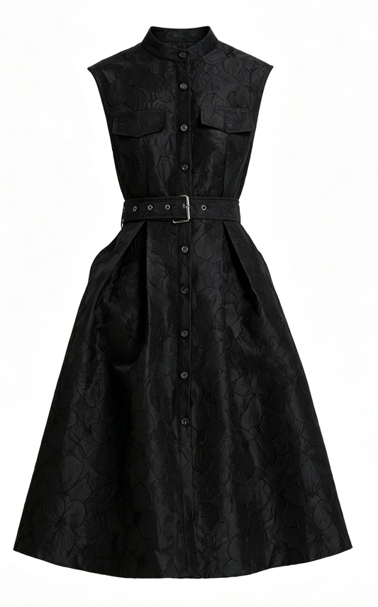 Black Jacquard Button Up Midi Dress With Belts - LAI MENG FIVE CATS