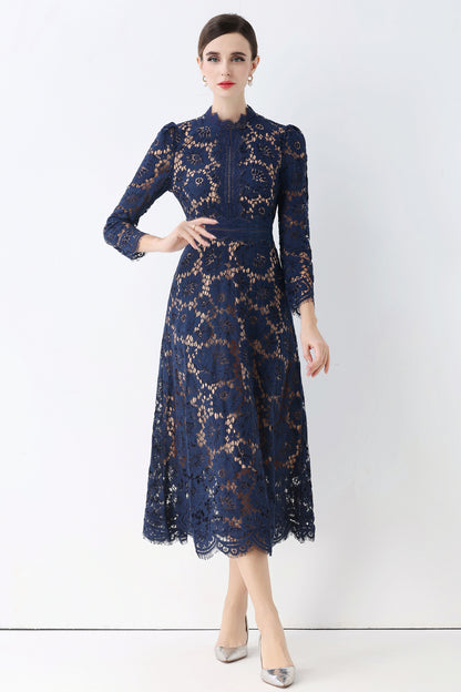 Women's 3/4 Sleeve Lace Overlay Midi Dress - LAI MENG FIVE CATS
