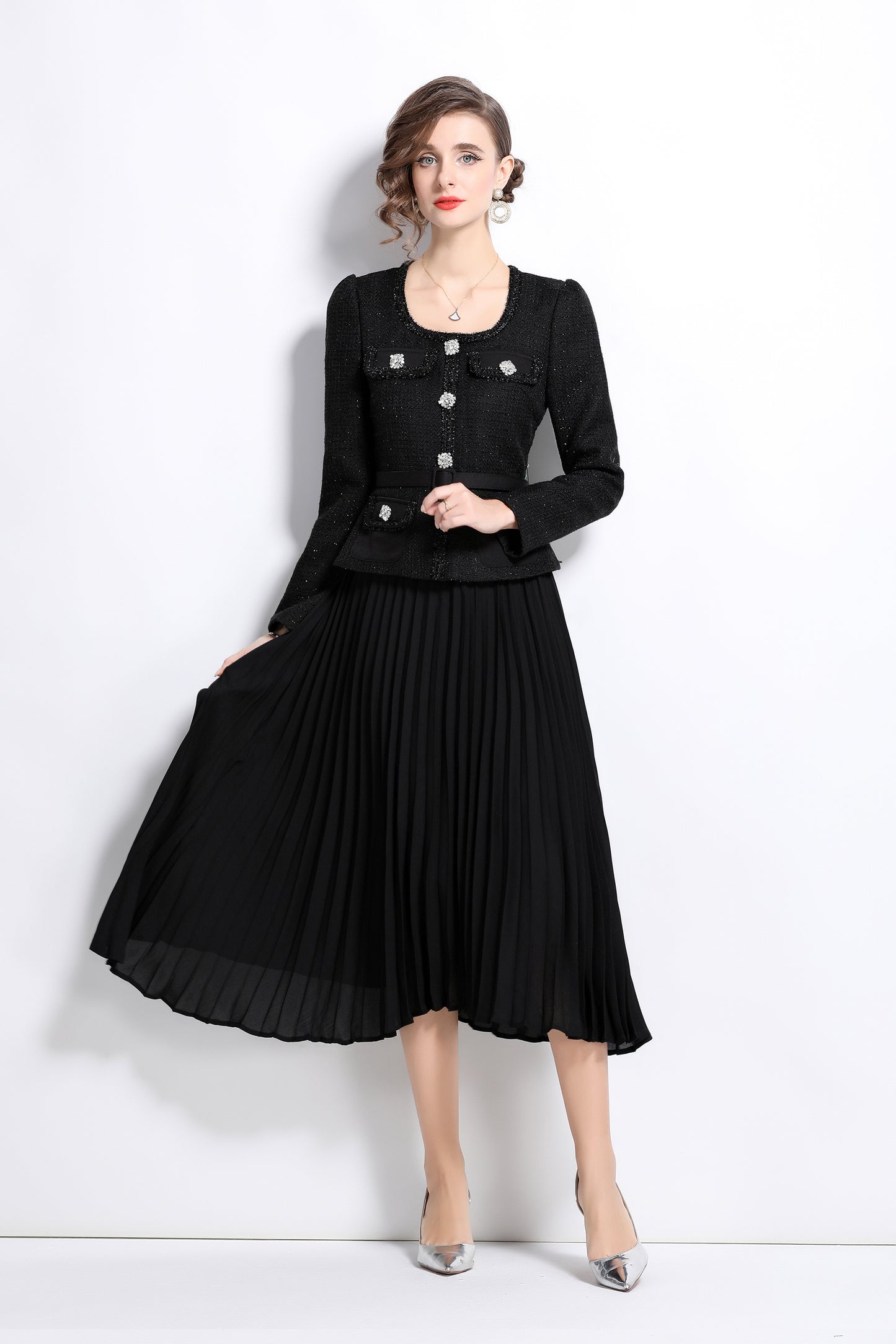 Tweed Beaded Pleated Midi Dress with Belt