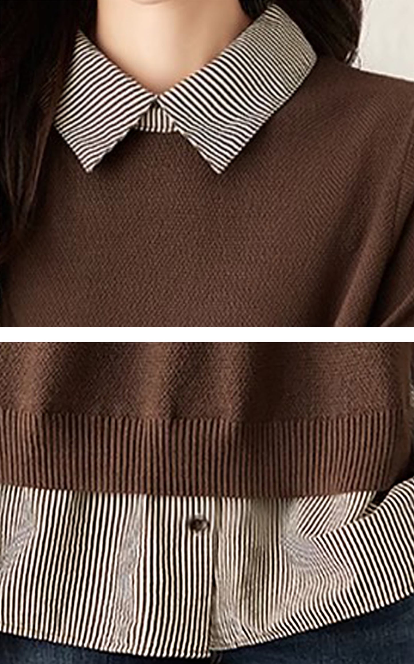 Women's Patchwork Shirt Collar Cotton  Knit Pullover Tops