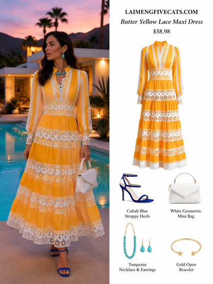 Butter Yellow Lace Maxi Dress | Palm Springs Golden Hour Style