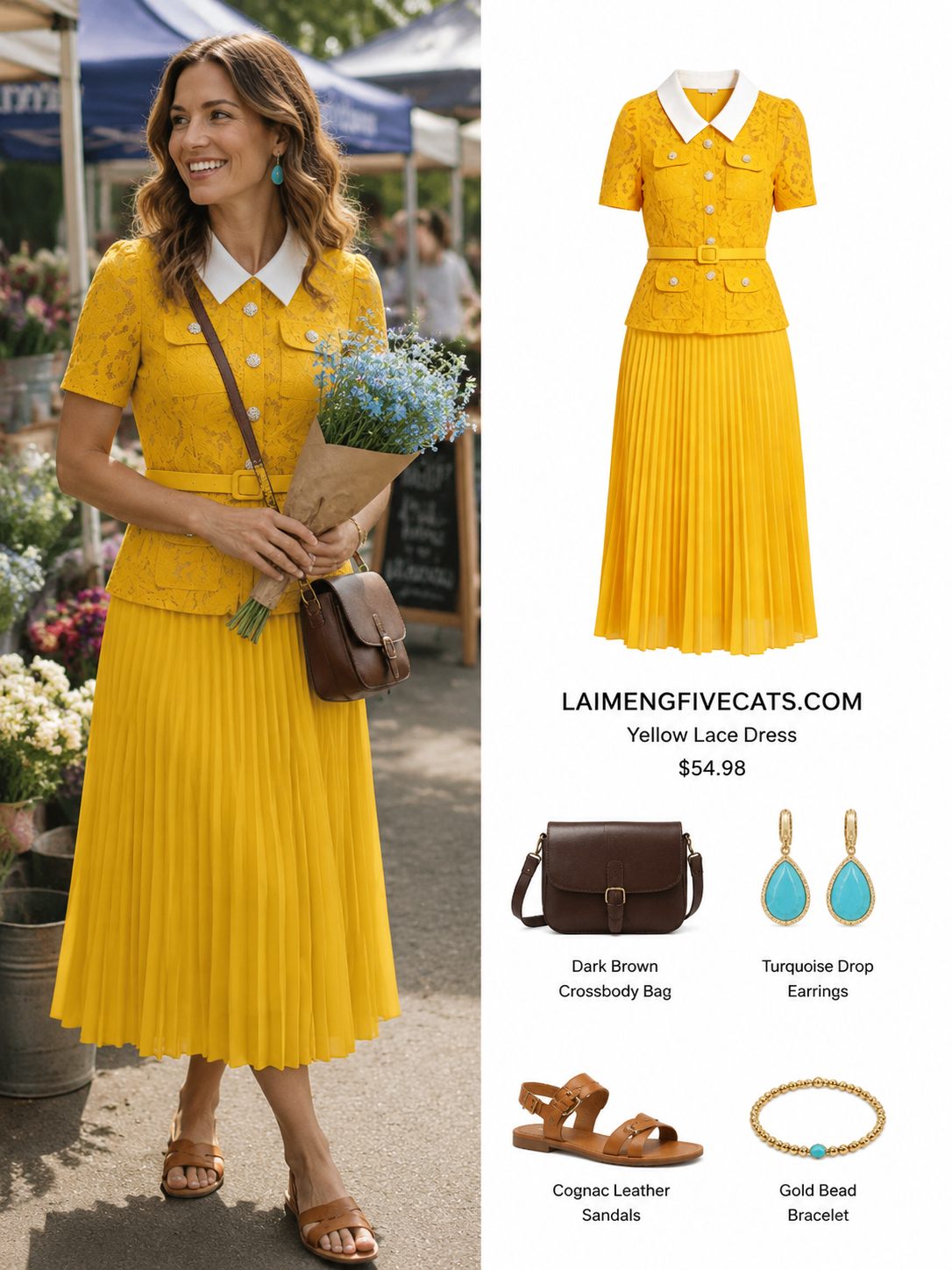 Lace Collar Pleated Midi Dress With Belts