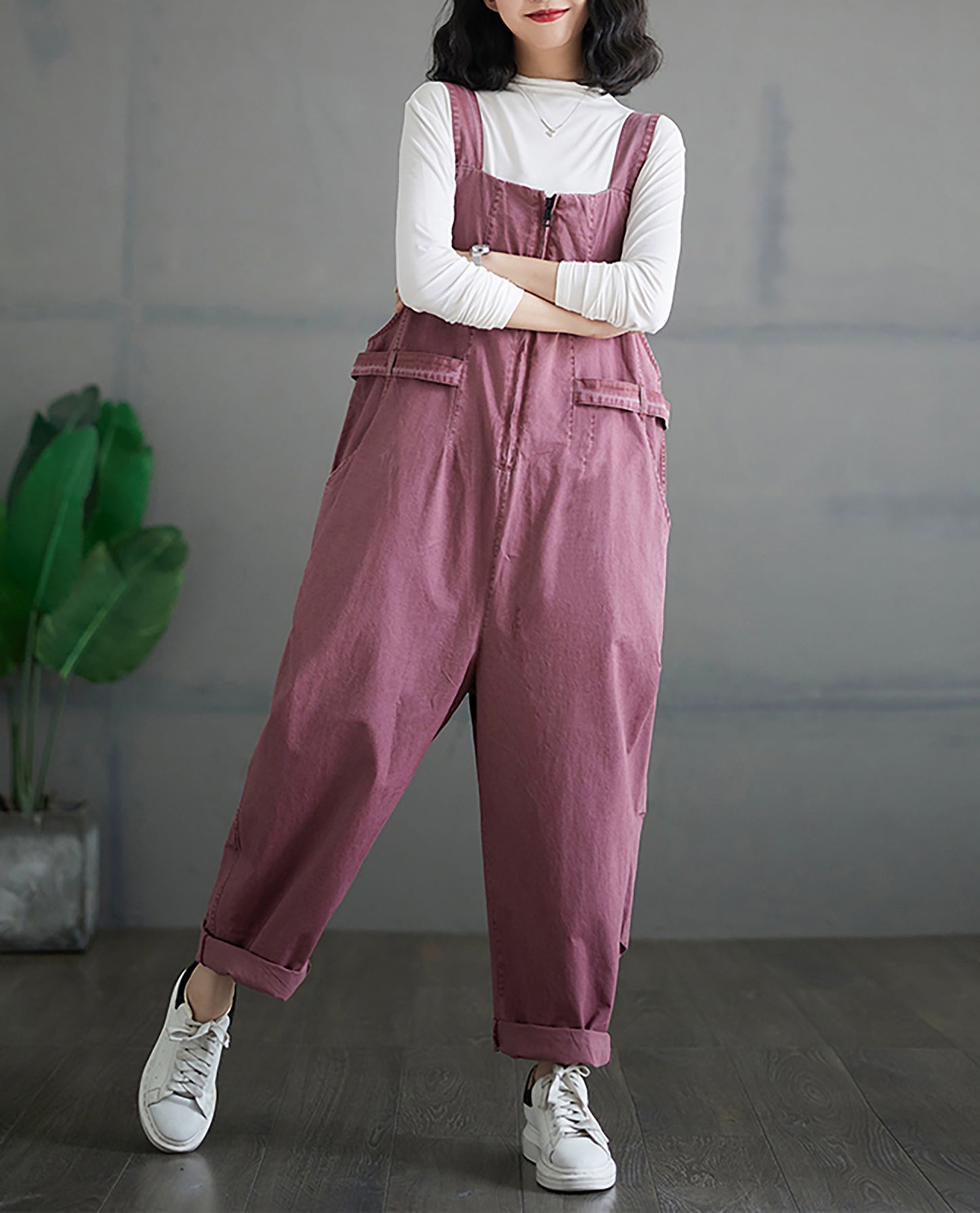 Front Zipper Button Fit Harem  Bib Overalls