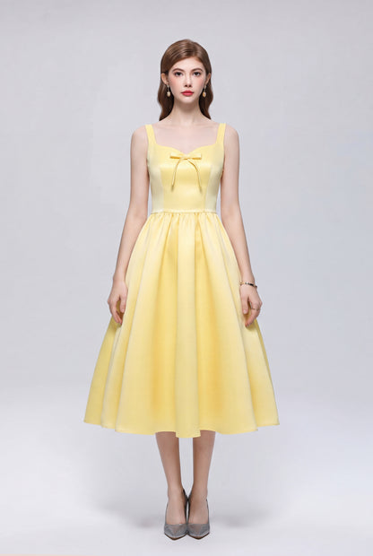 Elegant Yellow Satin Bow Sleeveless Strappy A-Line Party Midi Dress