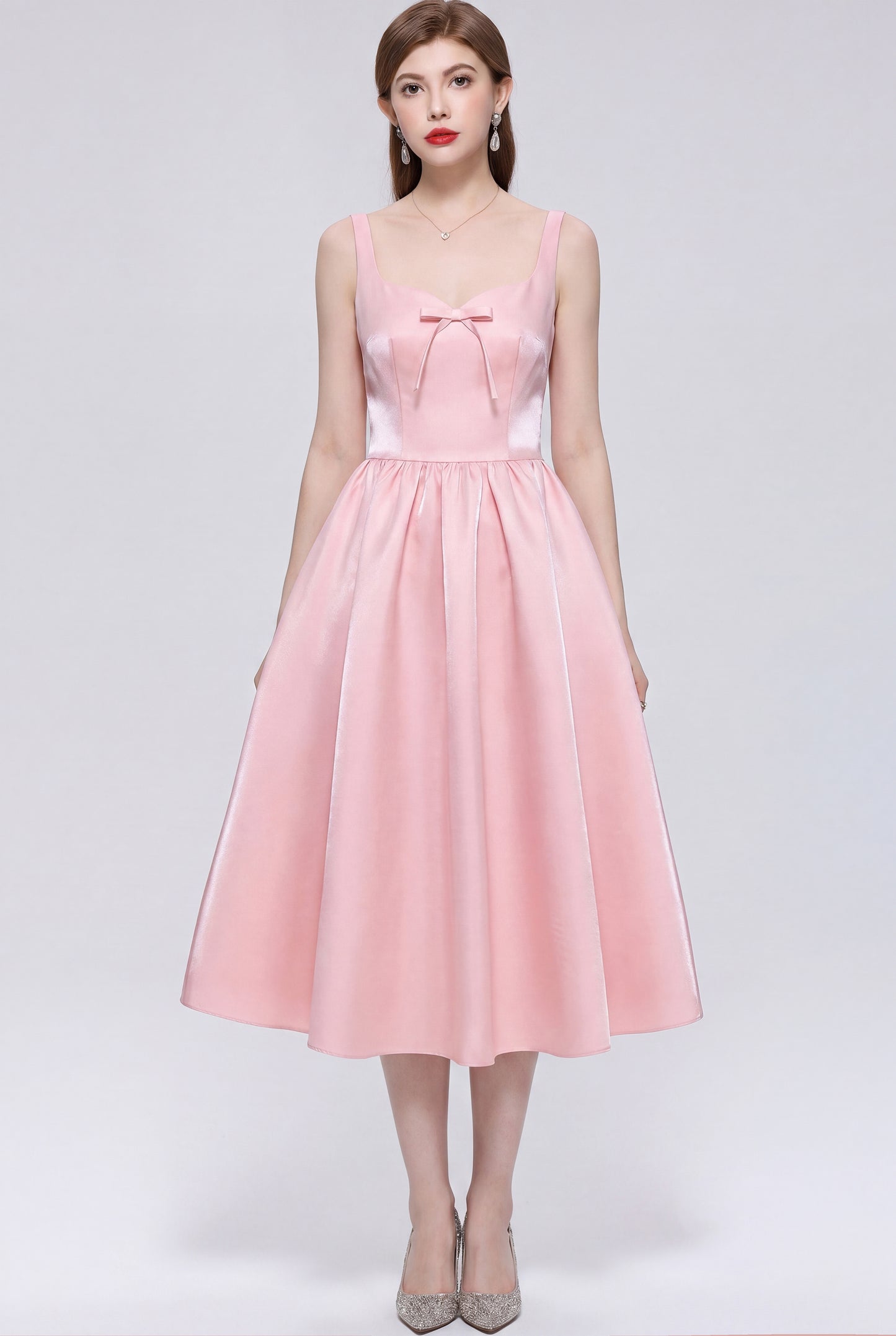 Elegant Pink Satin Bow Sleeveless Strappy A-Line Party Midi Dress