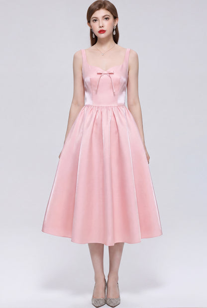 Elegant Pink Satin Bow Sleeveless Strappy A-Line Party Midi Dress