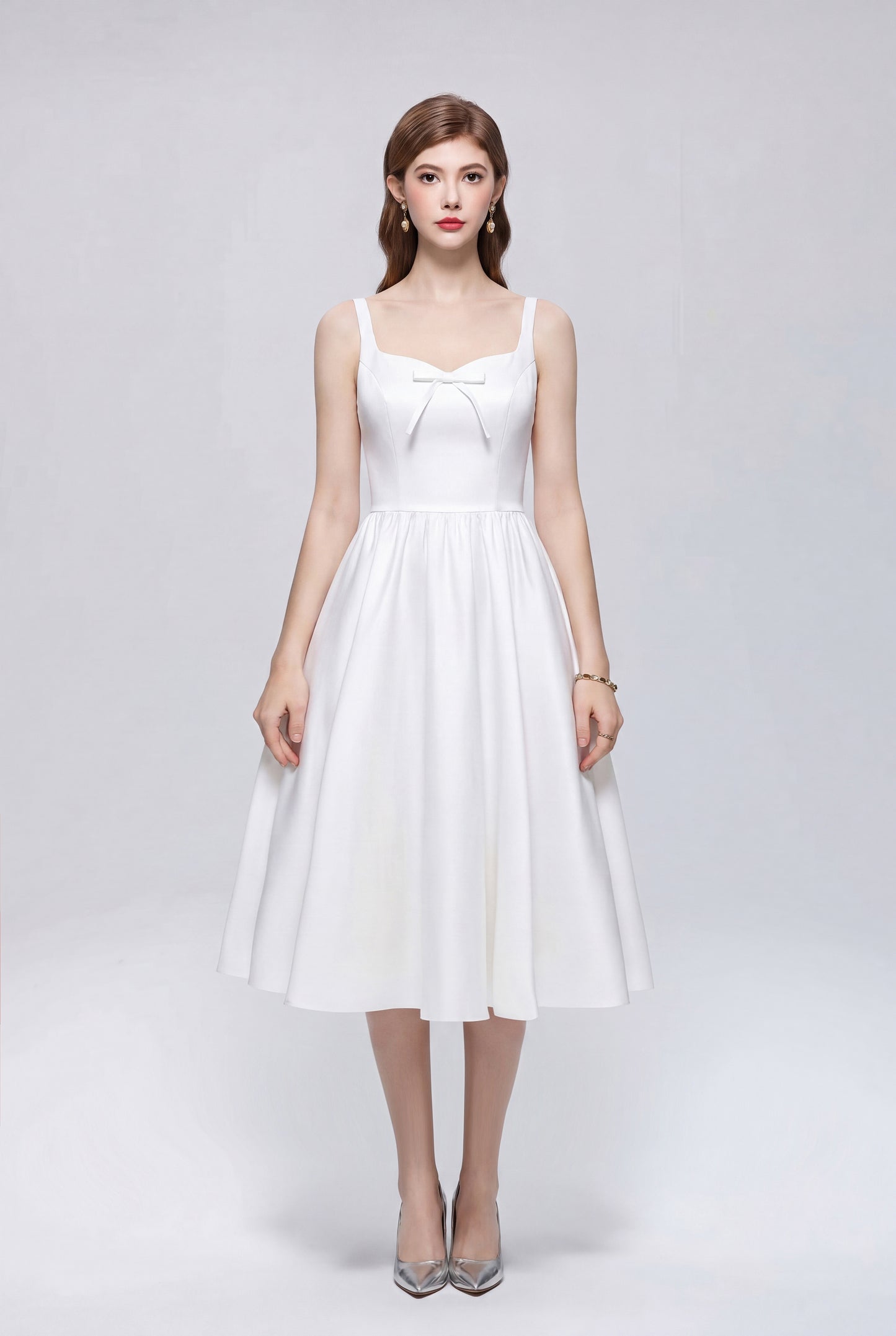 Elegant White Satin Bow Sleeveless Strappy A-Line Party Midi Dress