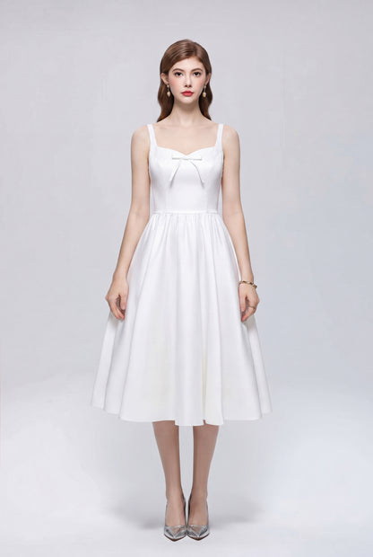 Elegant White Satin Bow Sleeveless Strappy A-Line Party Midi Dress