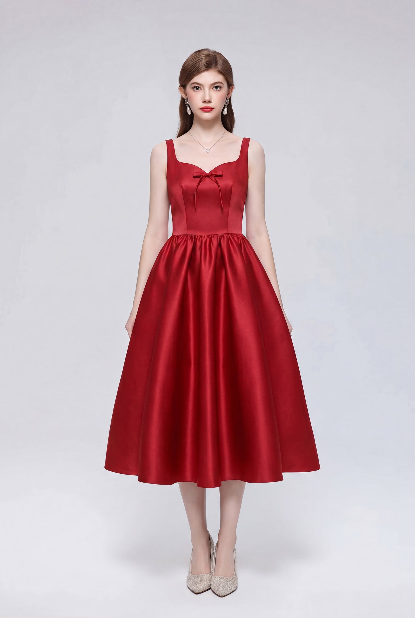 Elegant Red Satin Bow Sleeveless Strappy A-Line Party Midi Dress