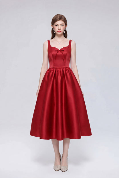 Elegant Red Satin Bow Sleeveless Strappy A-Line Party Midi Dress