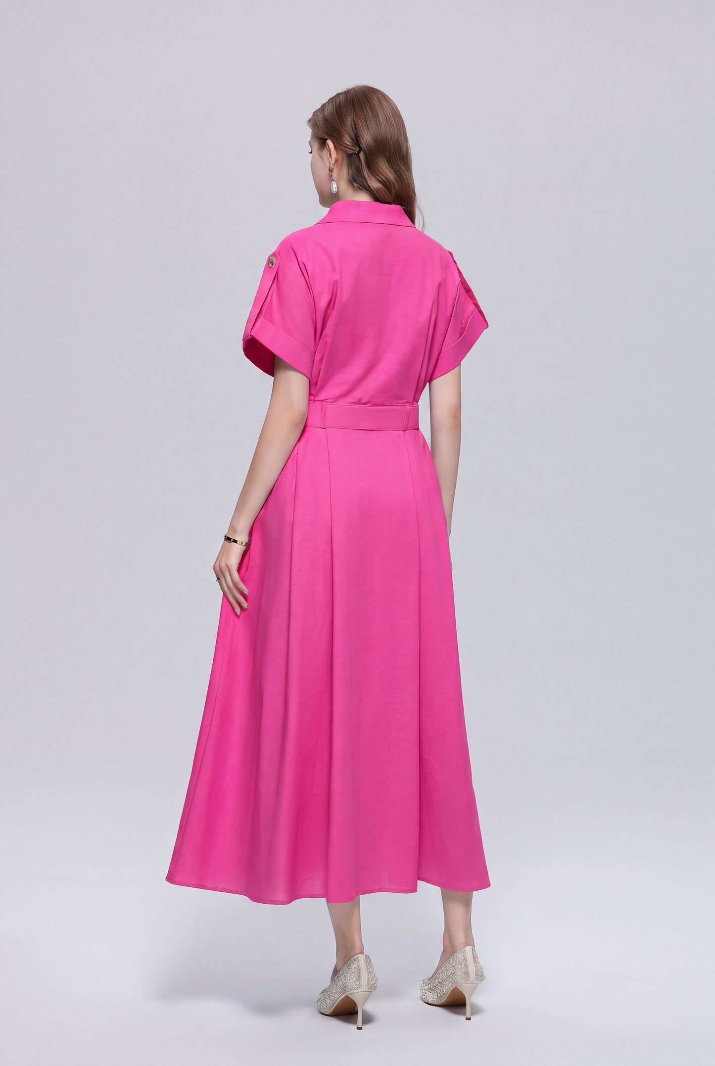 Women’s Elegant Button Front Midi Shirt Dress with Belt Loose fit