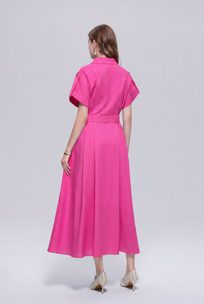 Women’s Elegant Button Front Midi Shirt Dress with Belt Loose fit