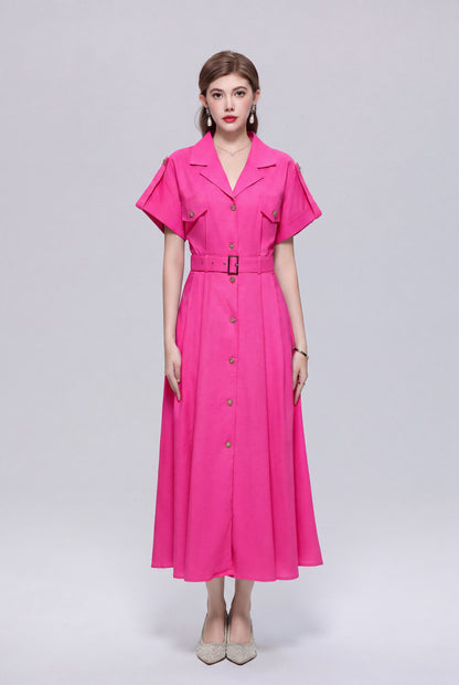 Women’s Elegant Button Front Midi Shirt Dress with Belt Loose fit