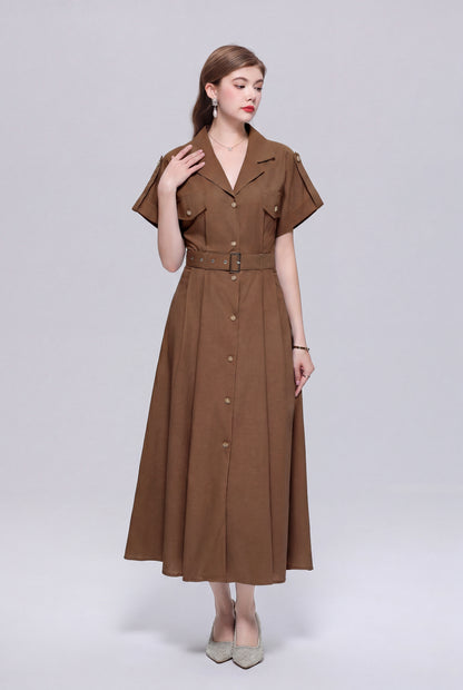 Loose fit Brown Collared Midi Dress for Summer