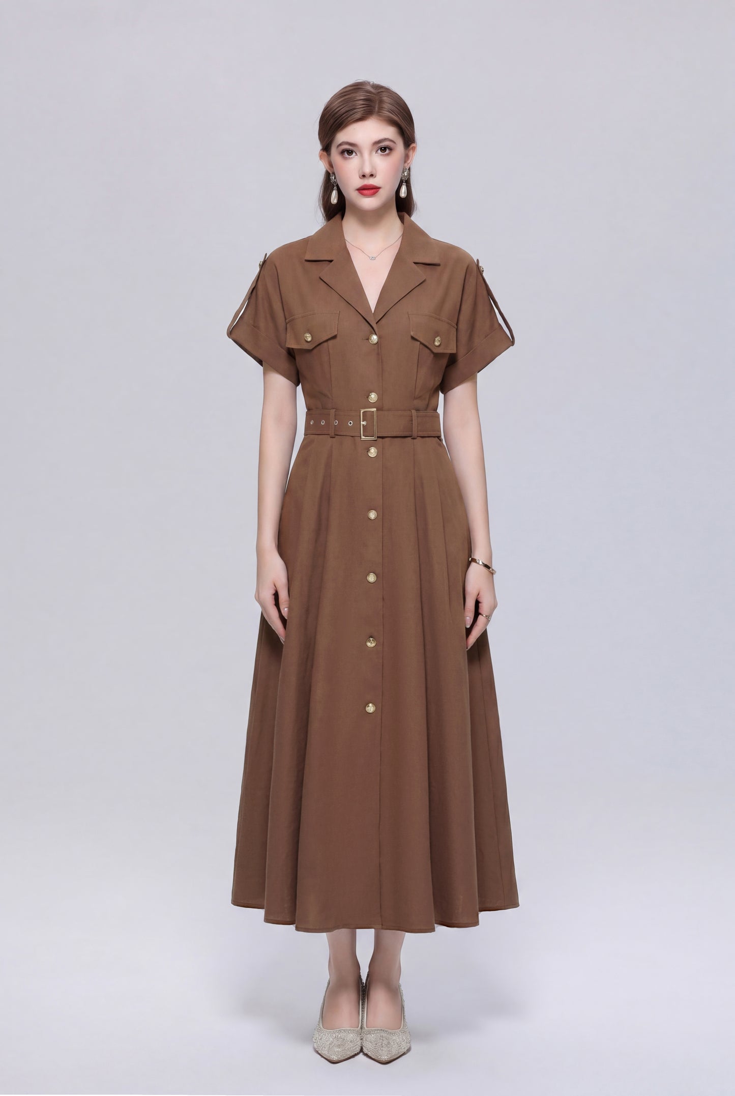 Loose fit Brown Collared Midi Dress for Summer