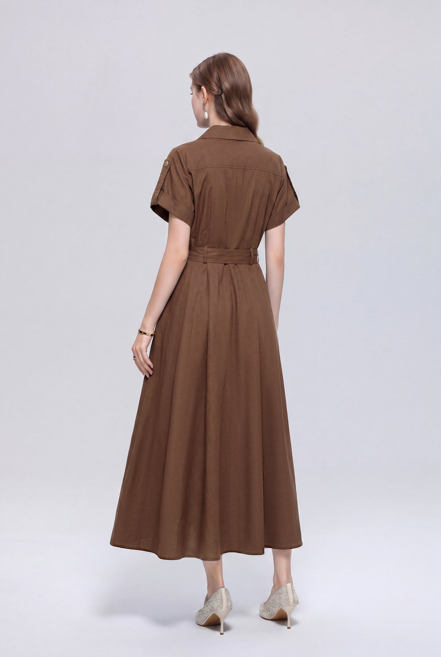 Loose fit Brown Collared Midi Dress for Summer