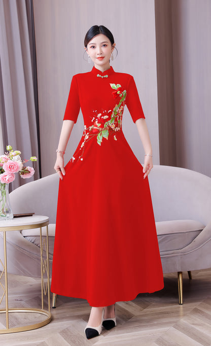 Women's Classic Embroidered Cheongsam Maxi Dress