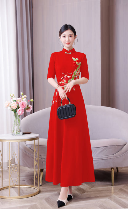 Women's Classic Embroidered Cheongsam Maxi Dress